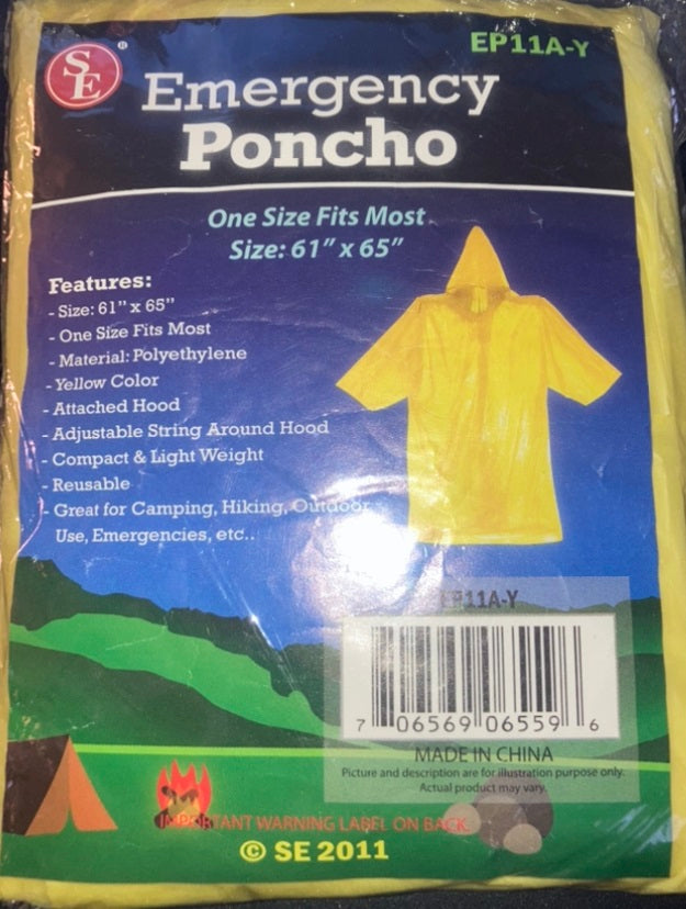 4 Yellow Emergency Rain Poncho with Adjustable String Hood