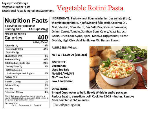 Legacy Entree Emergency Food 120 Servings