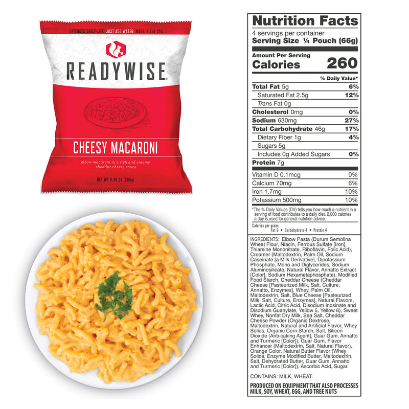 Ready Hour Mac & Cheese Freeze-Dried Survival Food Pouch - 25-Year Shelf Life, 4 Servings